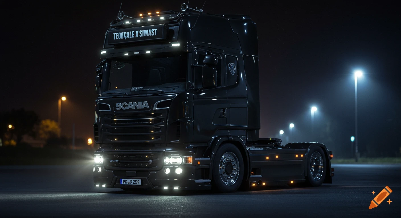 A black Scania truck parked at night with streetlights in the background.