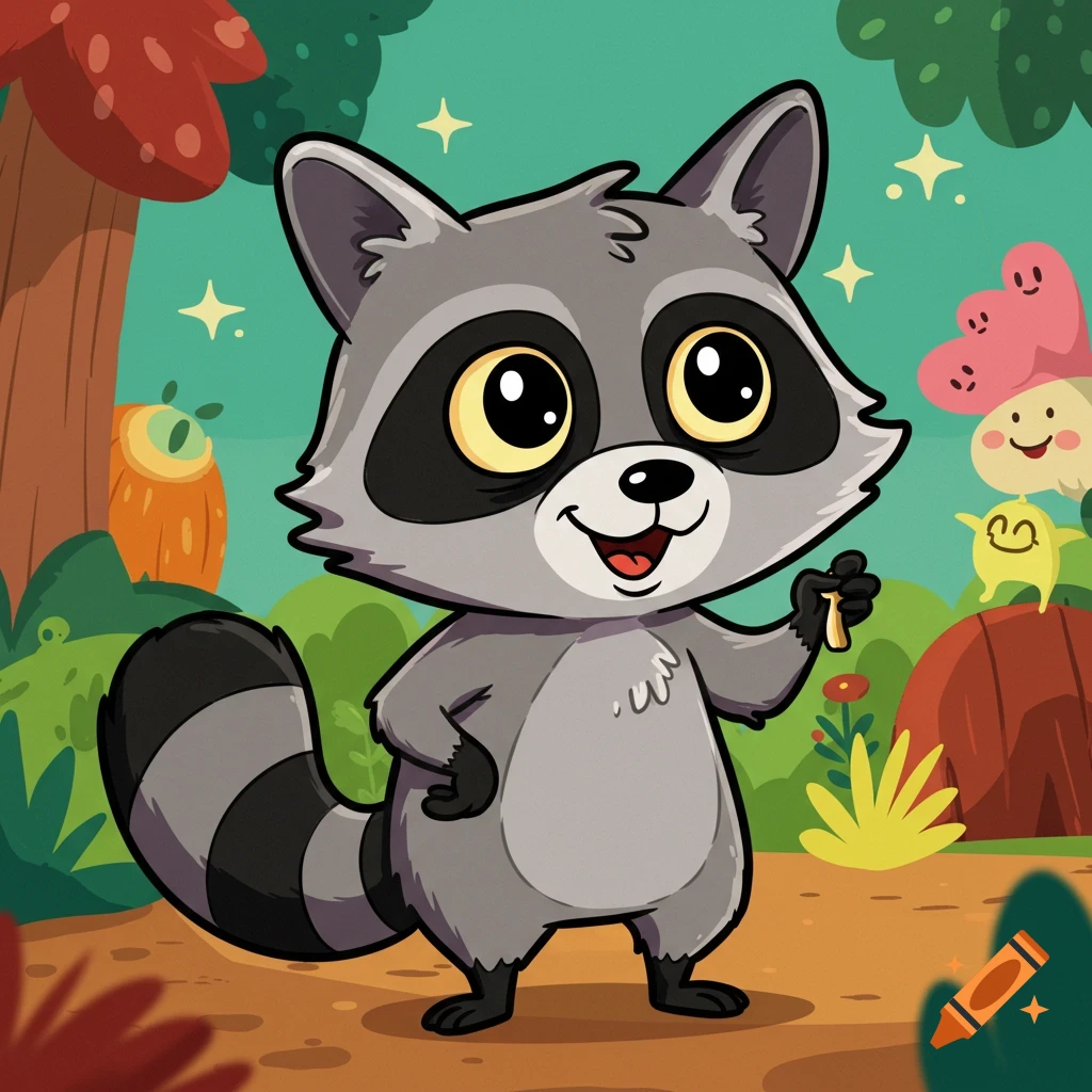 A cartoon raccoon stands in a forest clearing, holding a small object, with other cartoon creatures in the background.