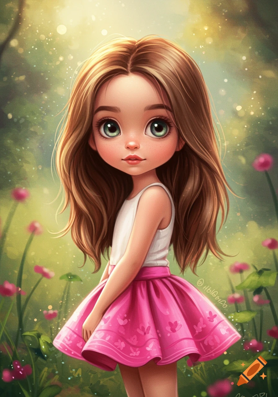 Illustration of a cute girl in a pink skirt in a field on Craiyon