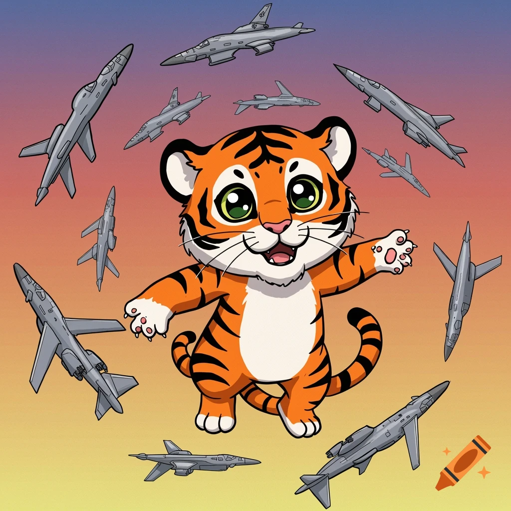 A cute cartoon baby tiger surrounded by stylized airplanes.
