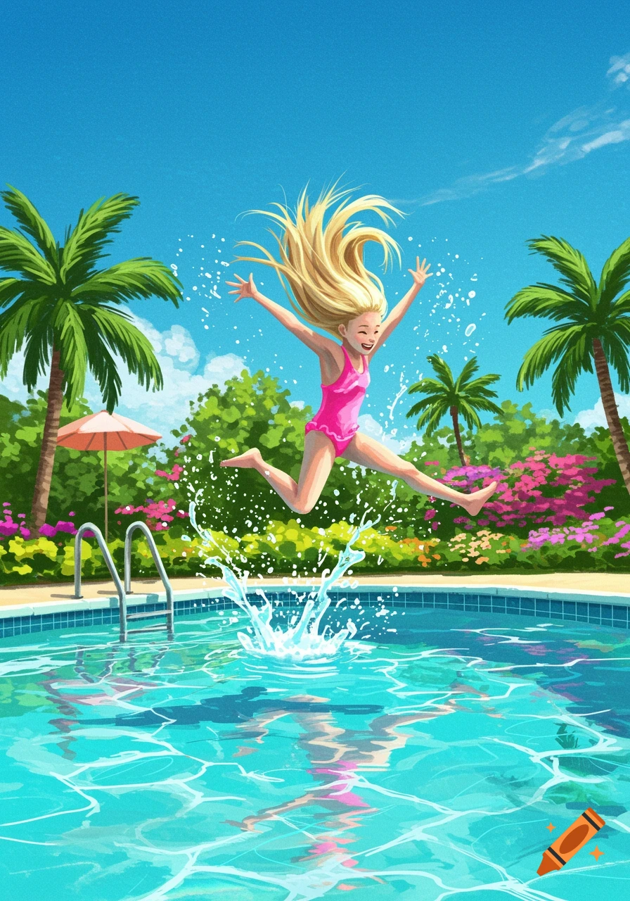 Illustration of a girl in a pink swimsuit jumping into a pool