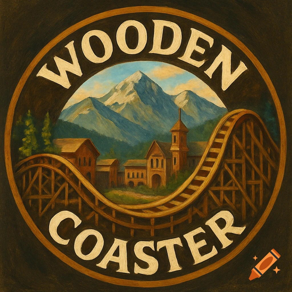 Logo for a wooden coaster company featuring text, roller coaster, buildings, and mountains in a painted style.