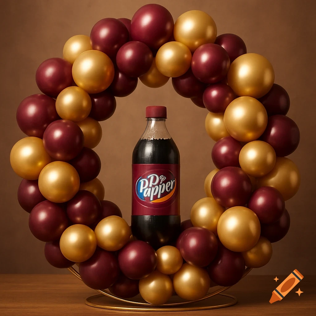 Bottle of Dr Papper soda centered in a wreath of gold and burgundy balloons on a wooden surface.