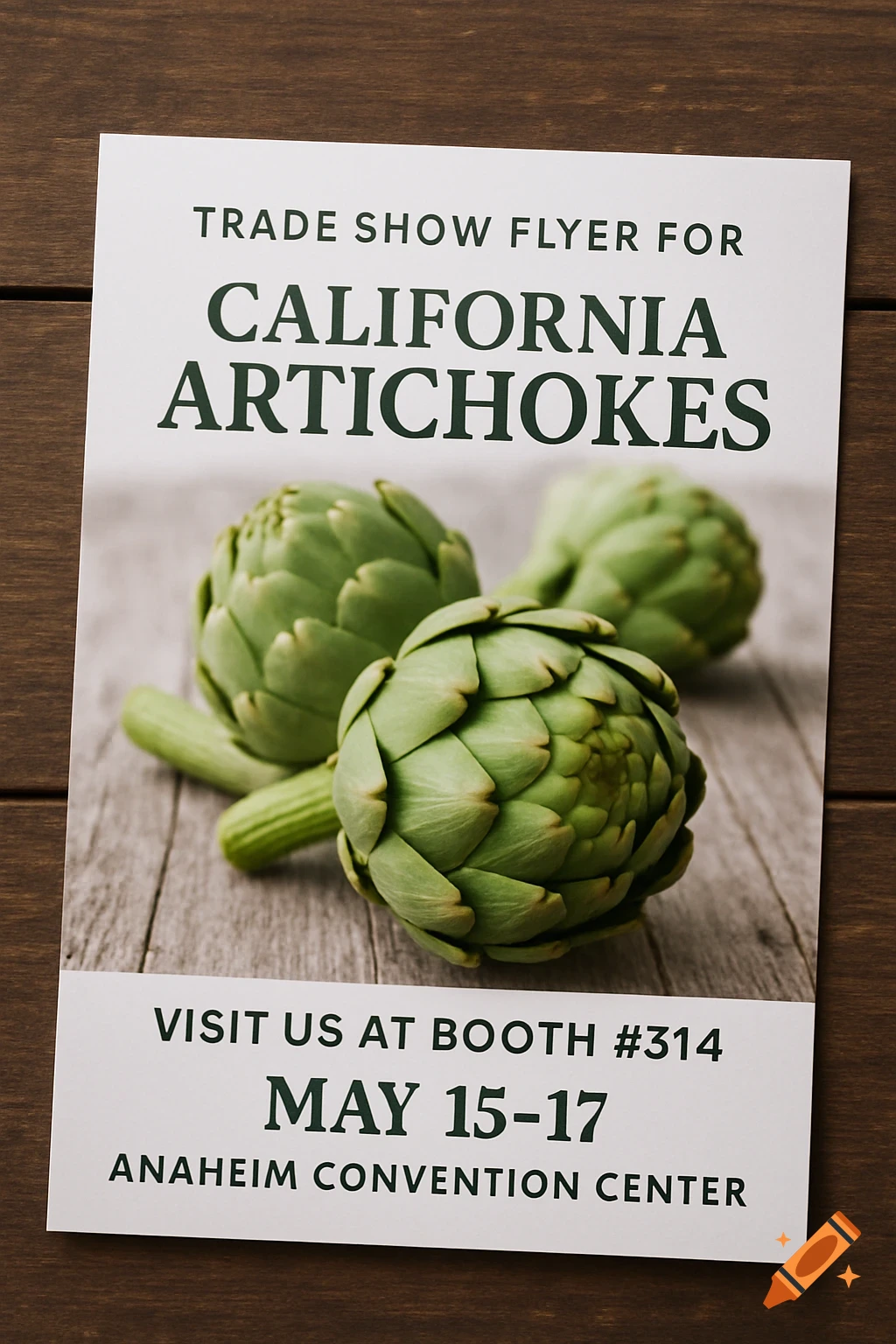 A trade show flyer for California Artichokes with three artichokes pictured on a wooden surface.