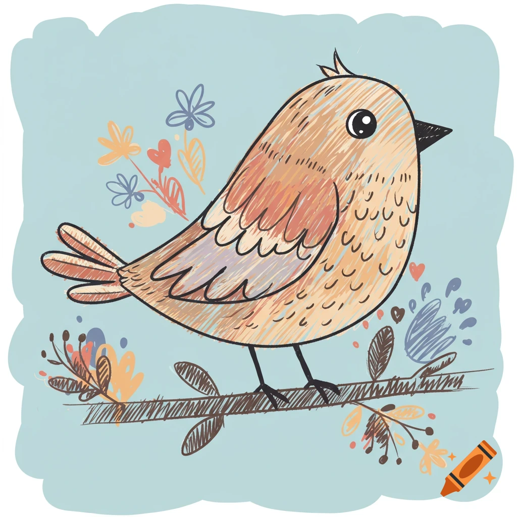 Doodle style drawing of a bird on a branch with flowers.