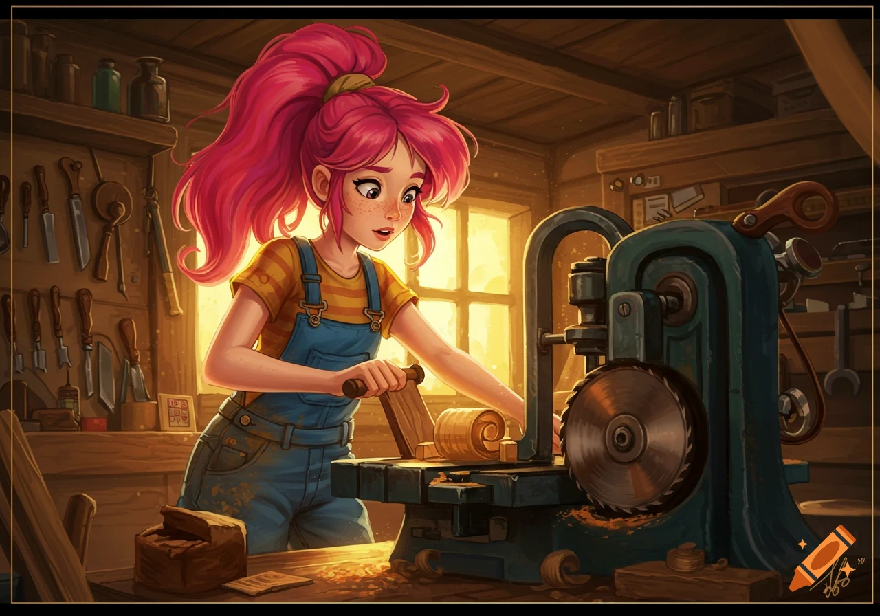 A cartoon girl with pink hair works at a woodworking machine in a sunny workshop.