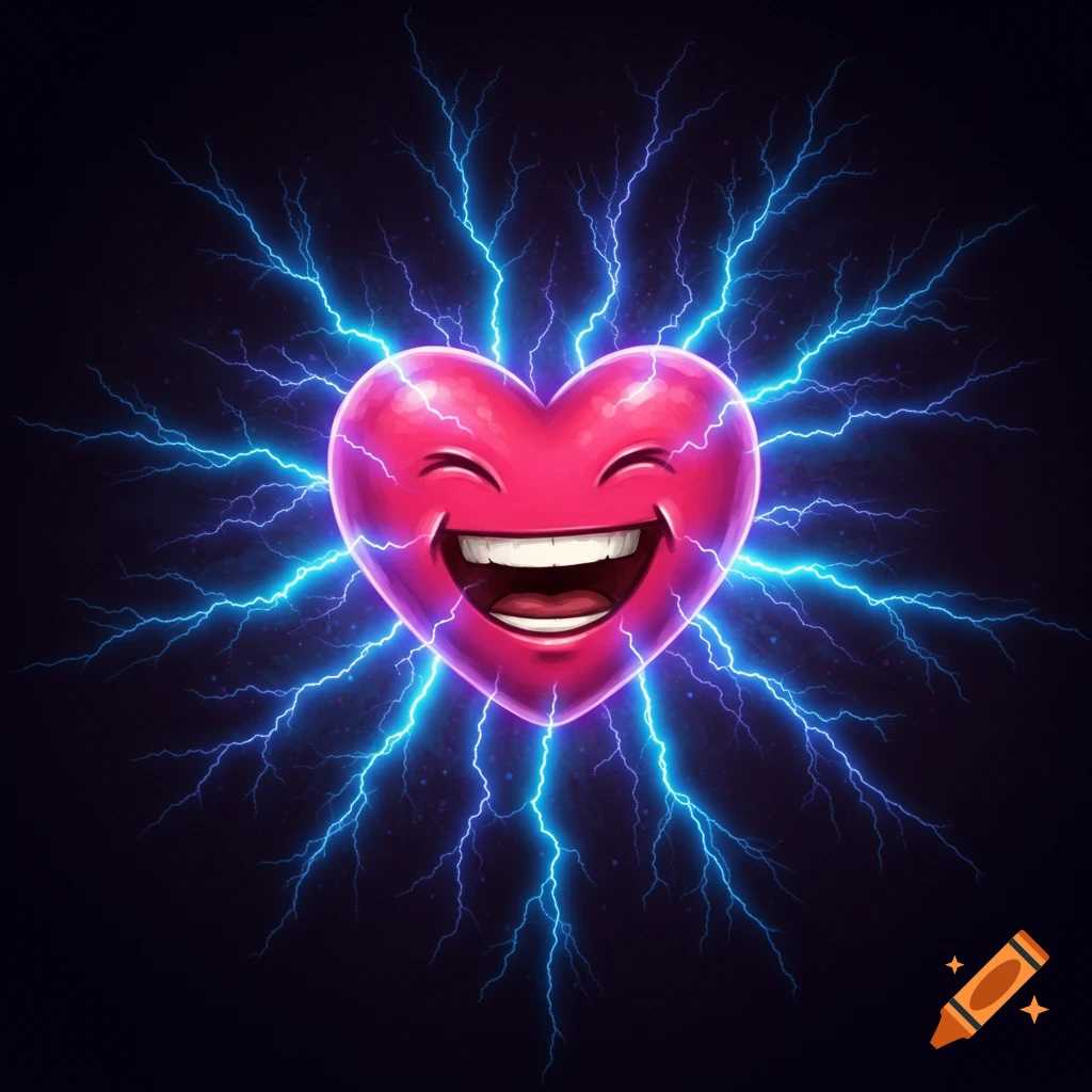 A stylized pink heart with a large, happy smile, surrounded by bright blue lightning bolts on a dark background.