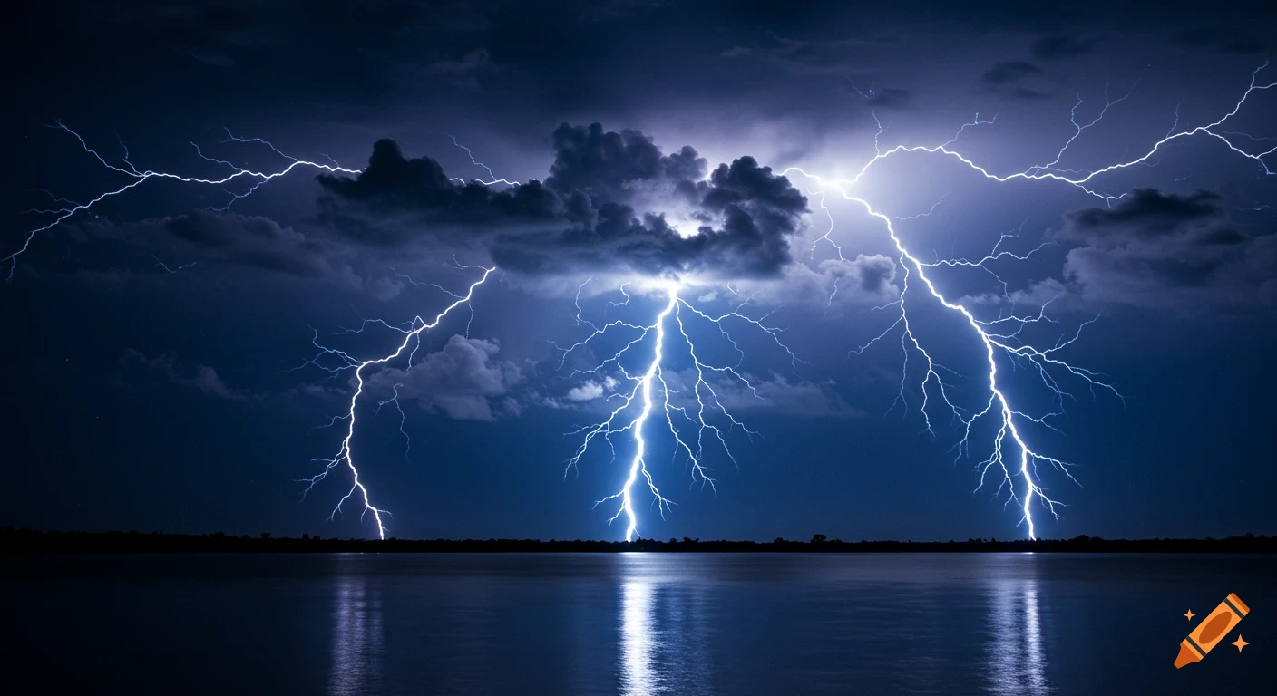 Multiple lightning strikes illuminate stormy dark clouds over a lake at night.