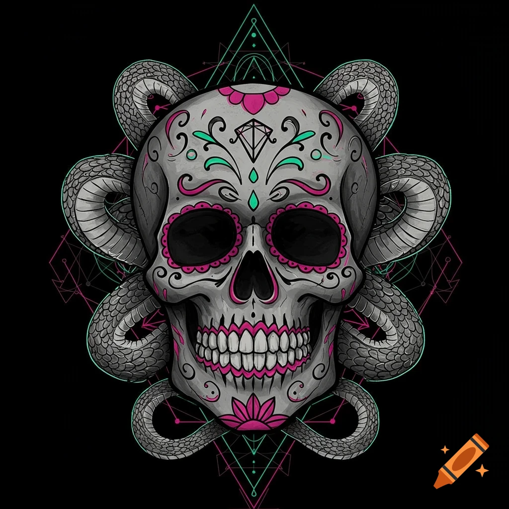 Illustrated sugar skull with pink and green accents, wrapped in snakes, against a geometric pattern on black.