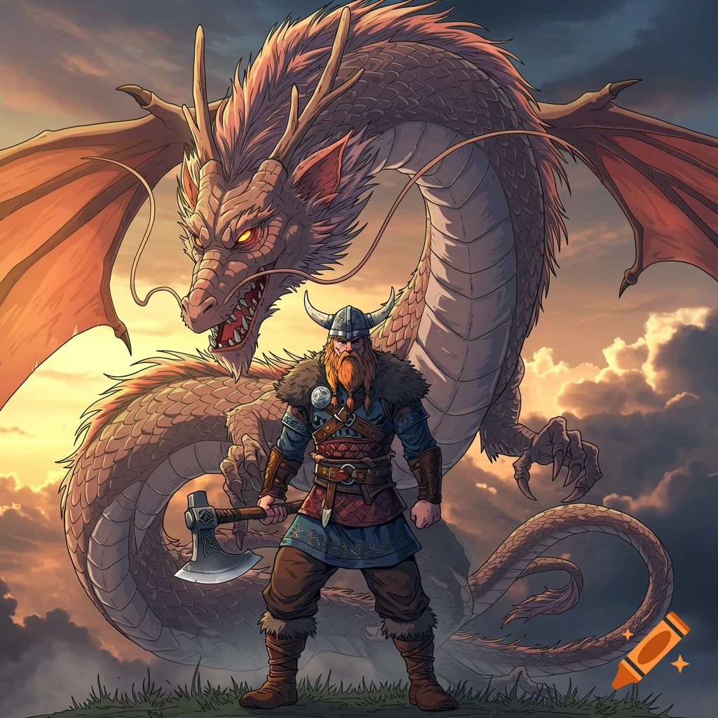 Anime style illustration of a viking and a dragon against a sunset sky.