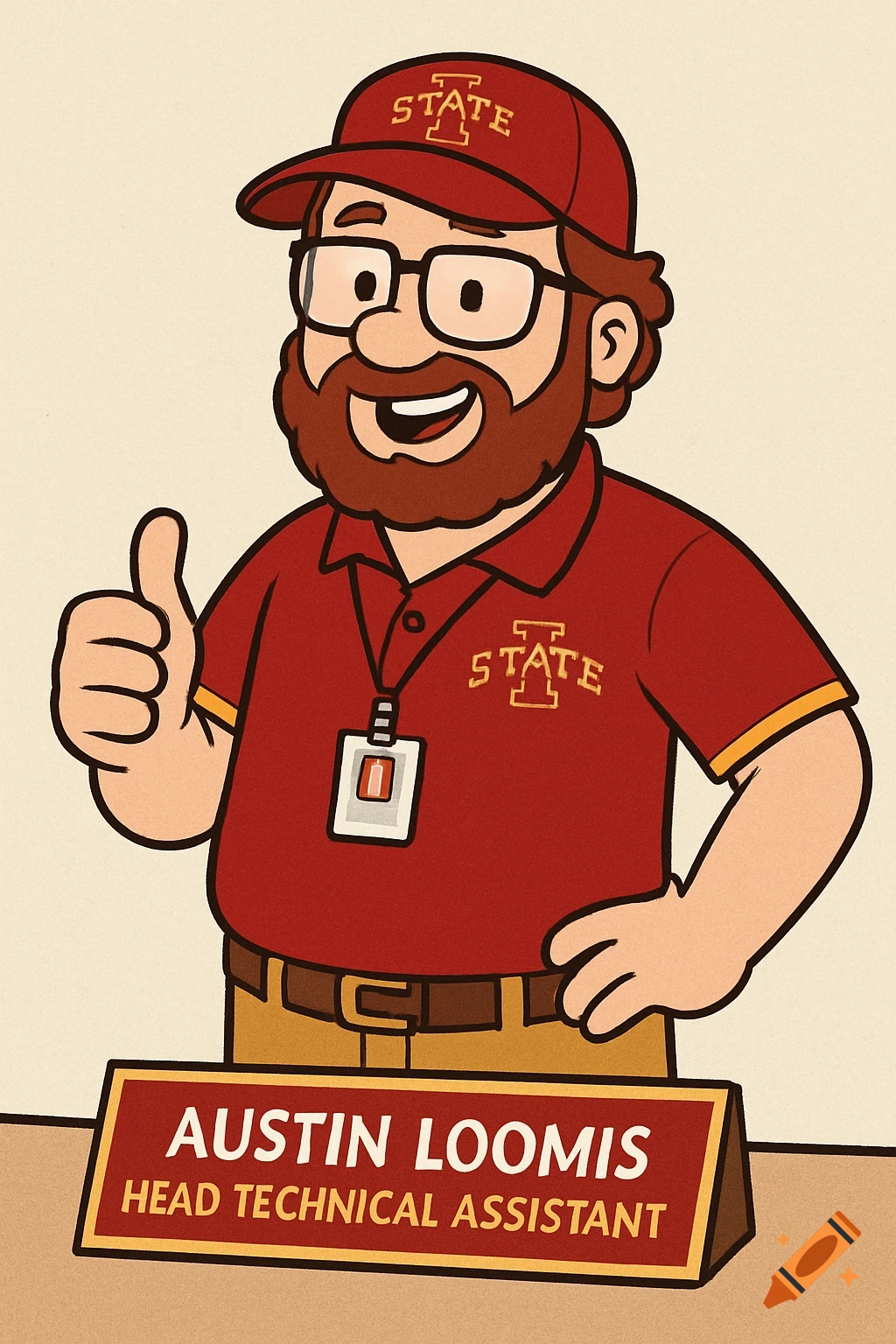 Cartoon man with beard, glasses, red shirt, and hat with 'STATE I' logo gives a thumbs up behind a 'Austin Loomis Head Technical Assistant' nameplate.