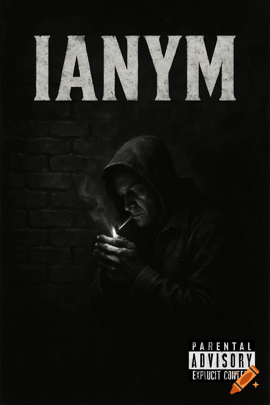 Dark illustration of a person lighting a cigarette against a brick wall, with 'IANYM' and 'Parental Advisory' text.