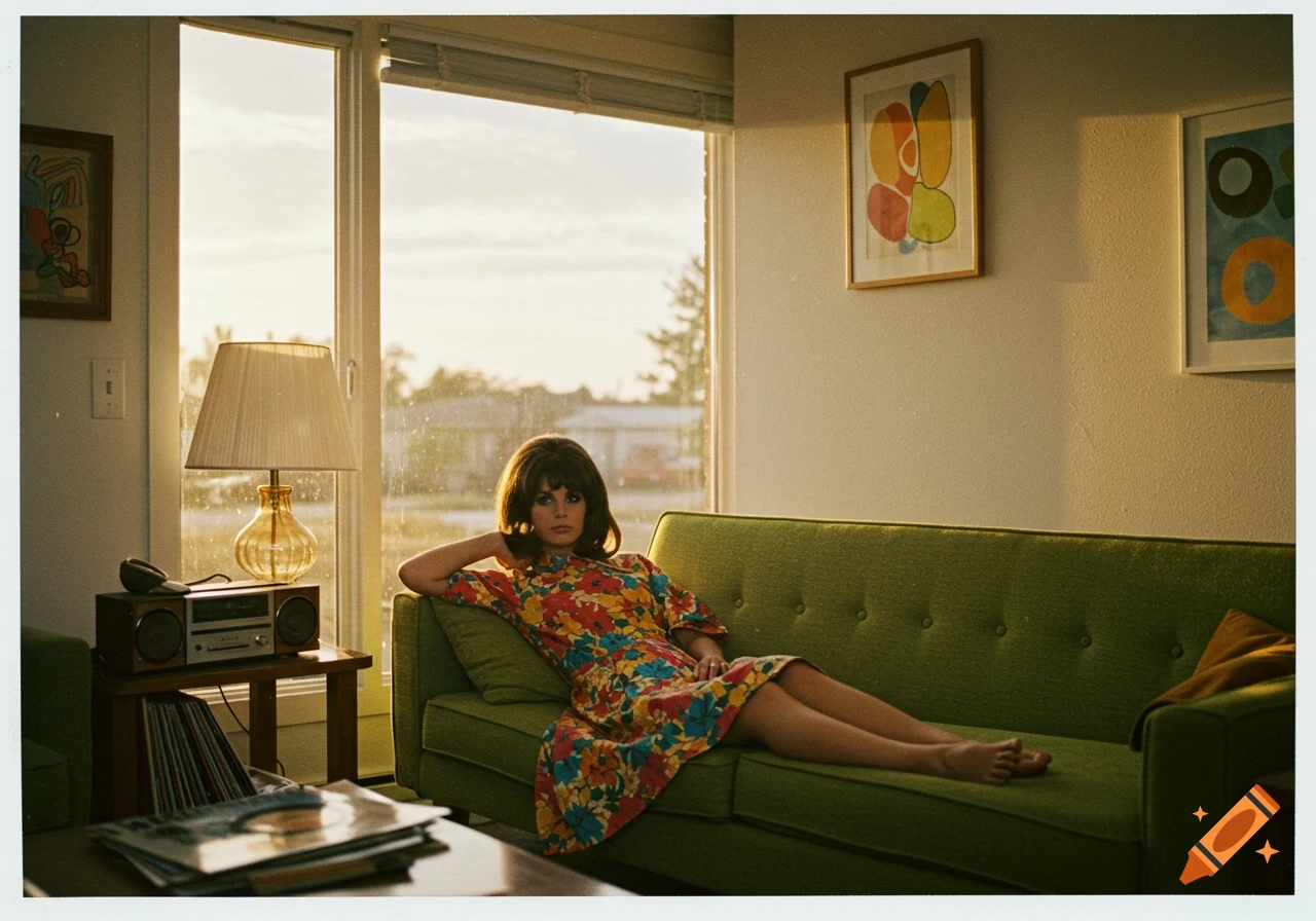 1960s brunette woman in floral dress lounging on a green couch in a living room, Polaroid style
