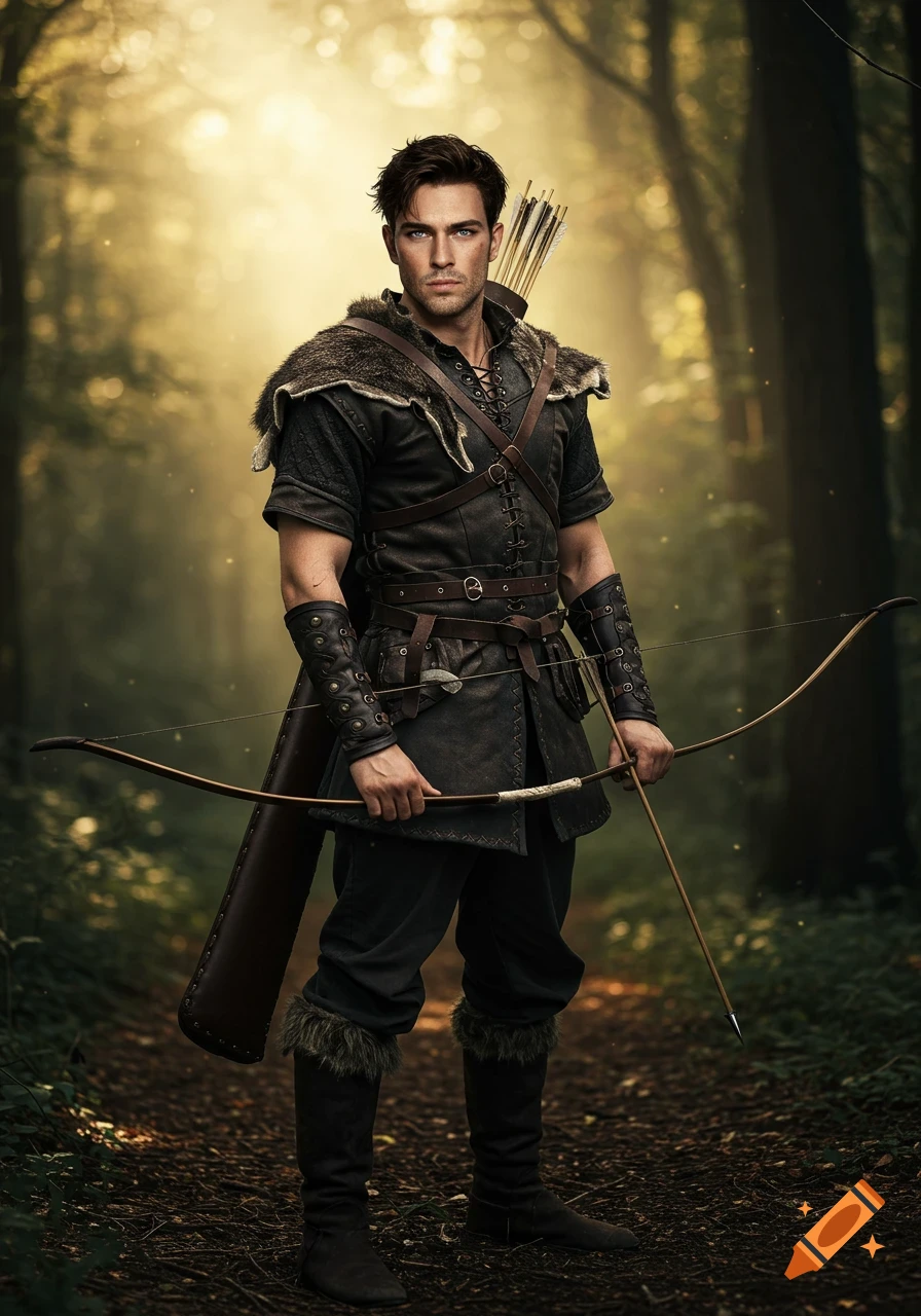 A male archer in fantasy medieval clothing stands holding a bow in a forest.