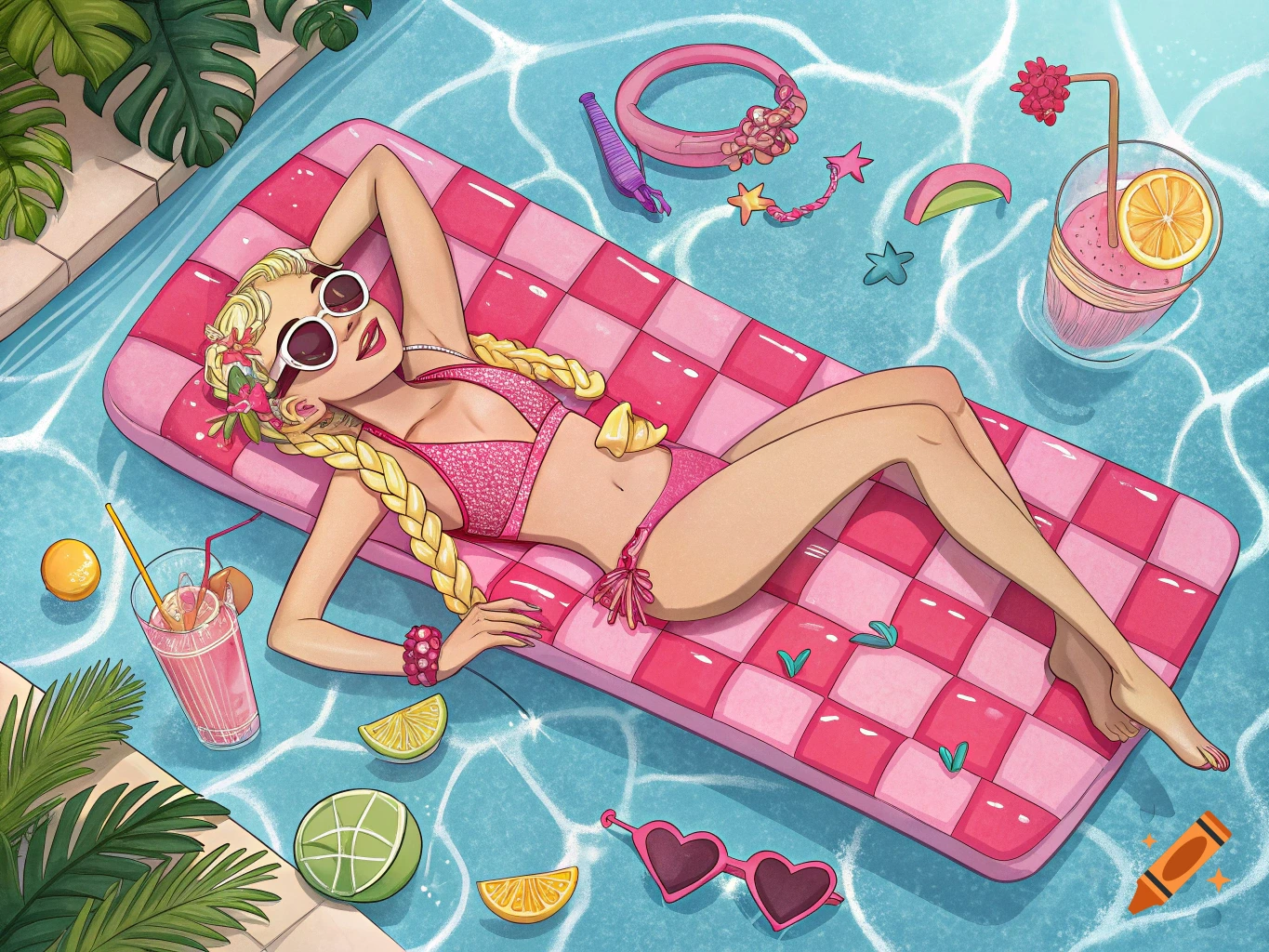 Cartoon girl with braids on a pink float in a pool with drinks and tropical plants.