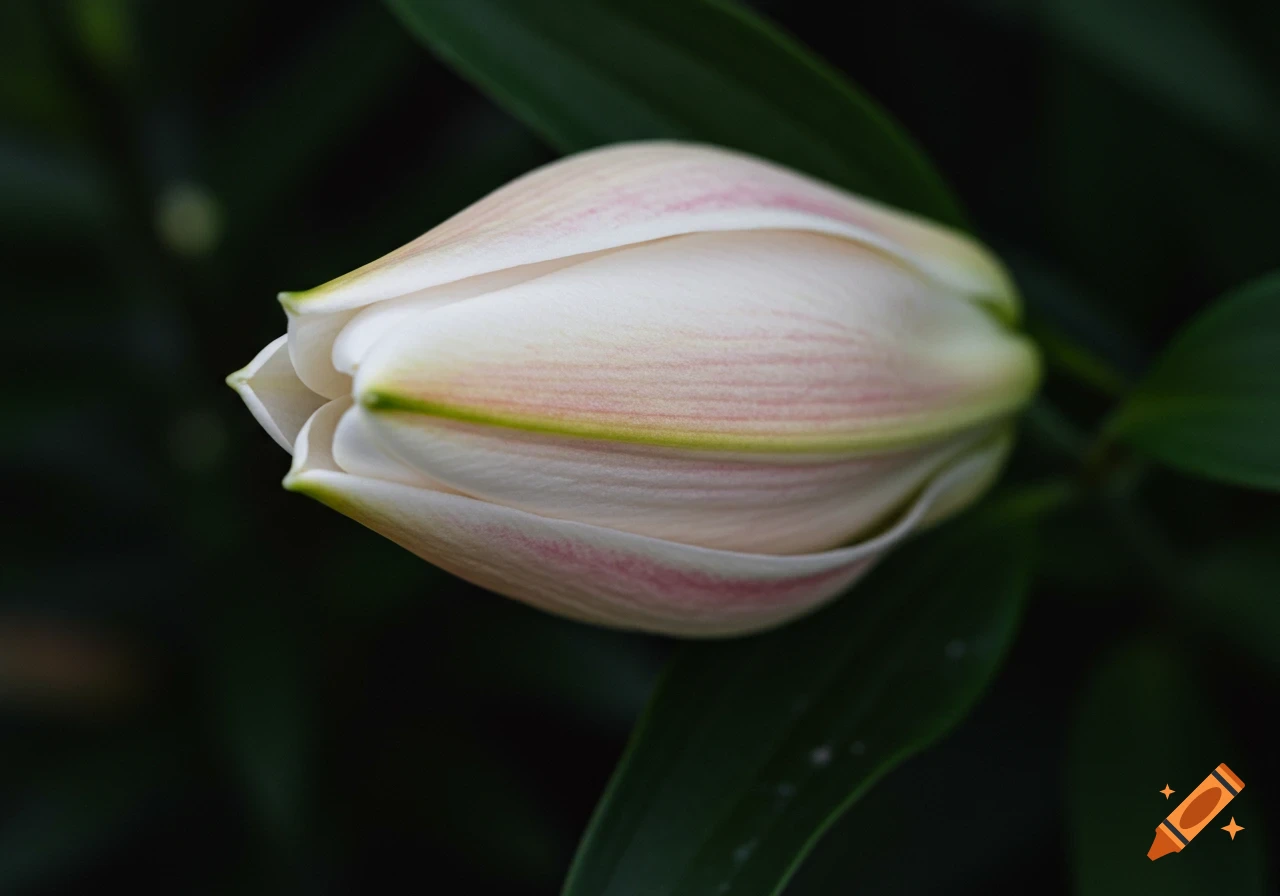 Close-up of a white lily bud with subtle pink and green accents, against a dark, softly focused background.
