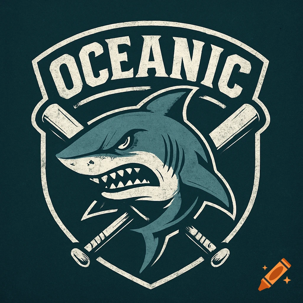 Logo featuring an aggressive shark head and crossed baseball bats with 'OCEANIC' text above, vintage style.
