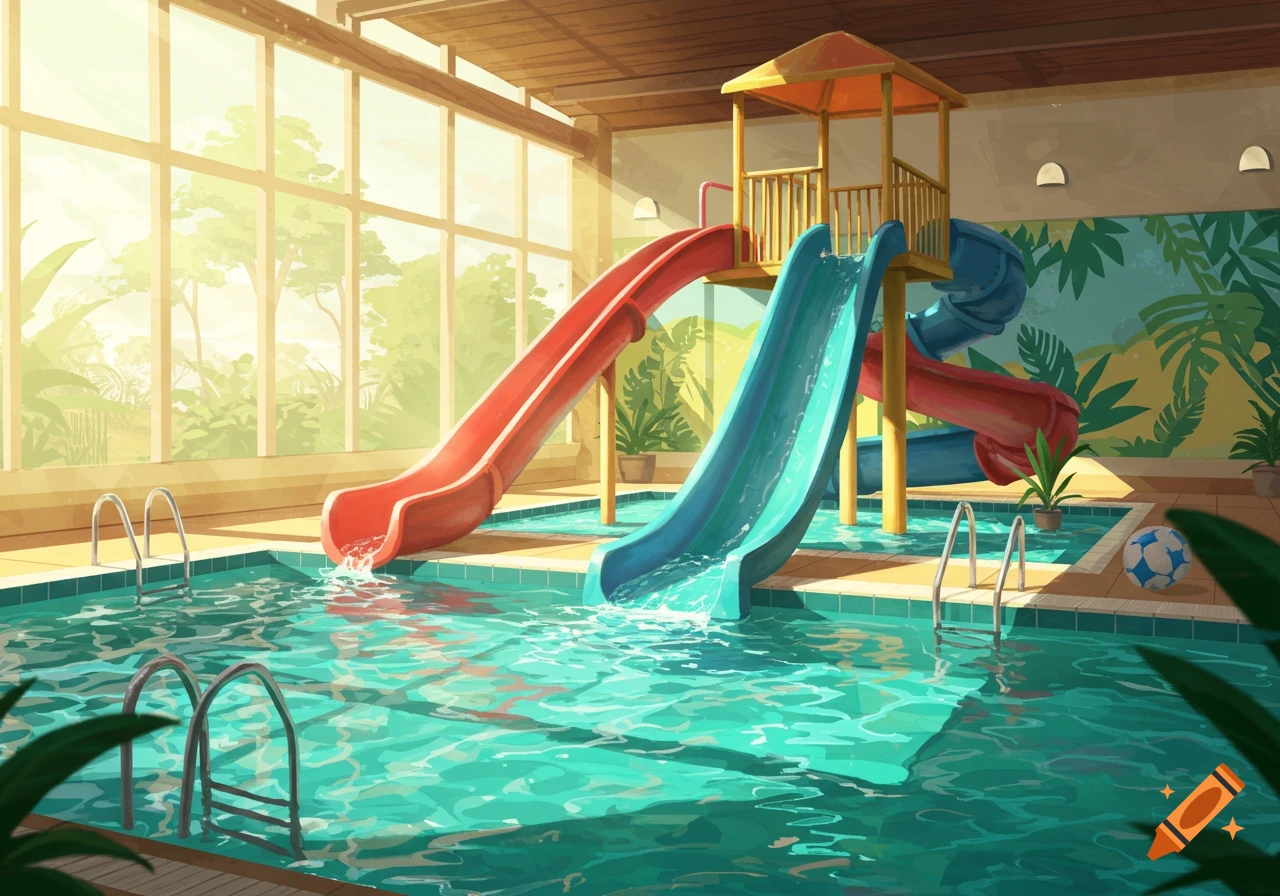 An indoor swimming pool with red and blue water slides, bathed in bright sunlight filtering through large windows. The style is illustrative.