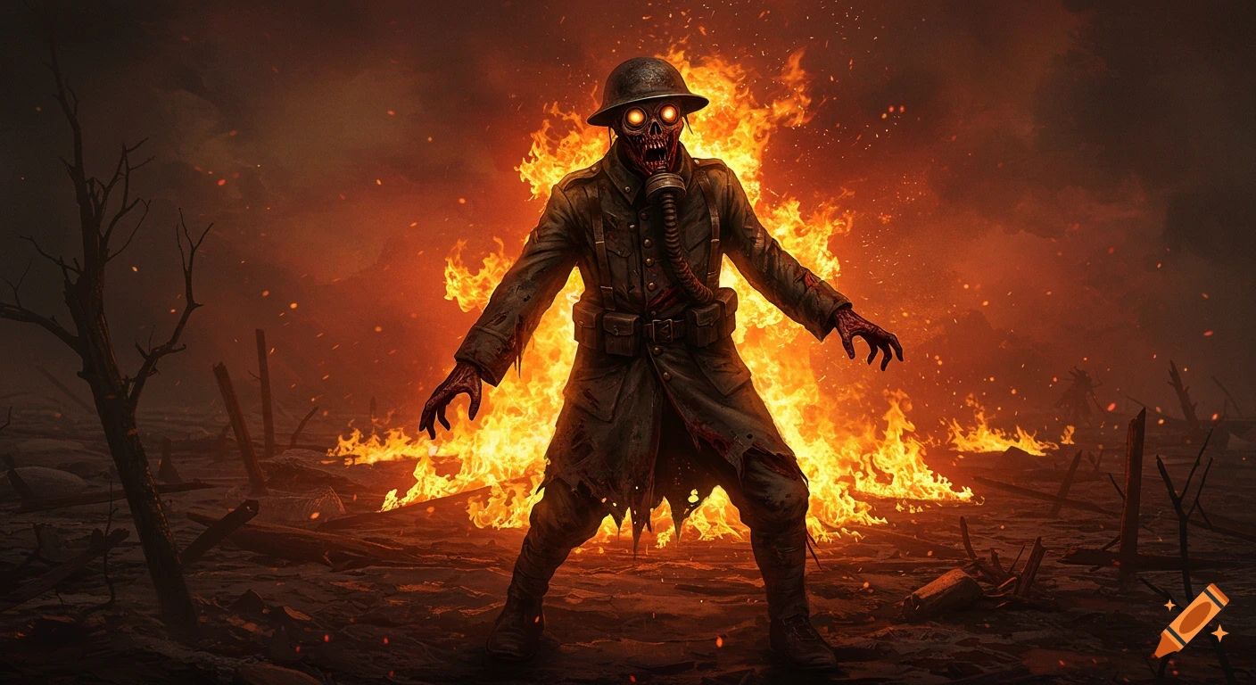 Zombie WW1 soldier in gas mask stands in a burning battlefield