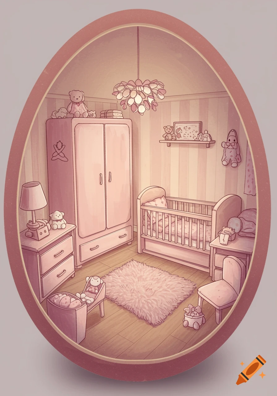 A cute, pink illustrated nursery scene with a crib, wardrobe, and toys, viewed through an oval frame.