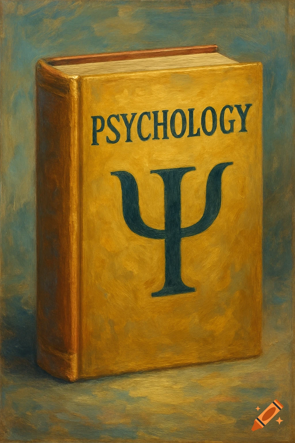 A yellow book titled "PSYCHOLOGY" with a large dark blue Psi symbol, rendered in a painterly style.