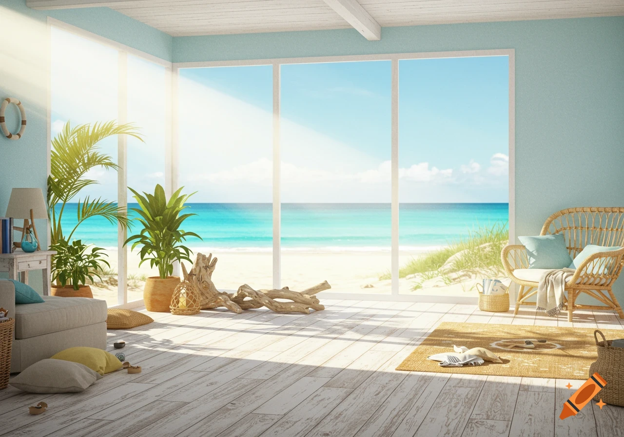 Bright room with large windows overlooking a sunny beach and ocean. Furniture includes a sofa, chair, plants, and driftwood.