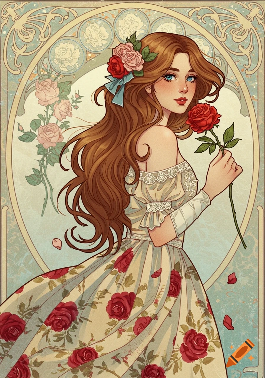 A young woman in a rose-patterned dress holding a rose, framed by decorative Art Nouveau style.