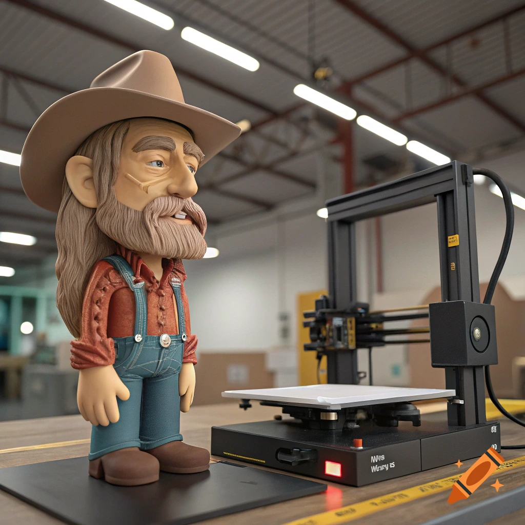 A stylized toy-like doll resembling Willie Nelson stands next to a 3D printer in a workshop.