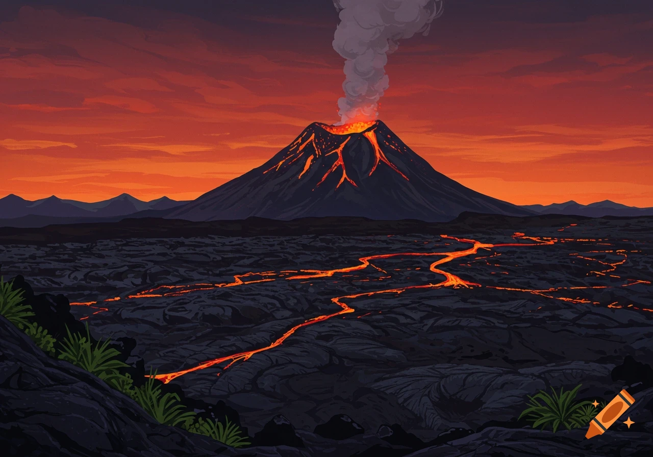 Stylized view of an erupting volcano with lava flowing across a dark landscape under a dramatic orange and red sky.