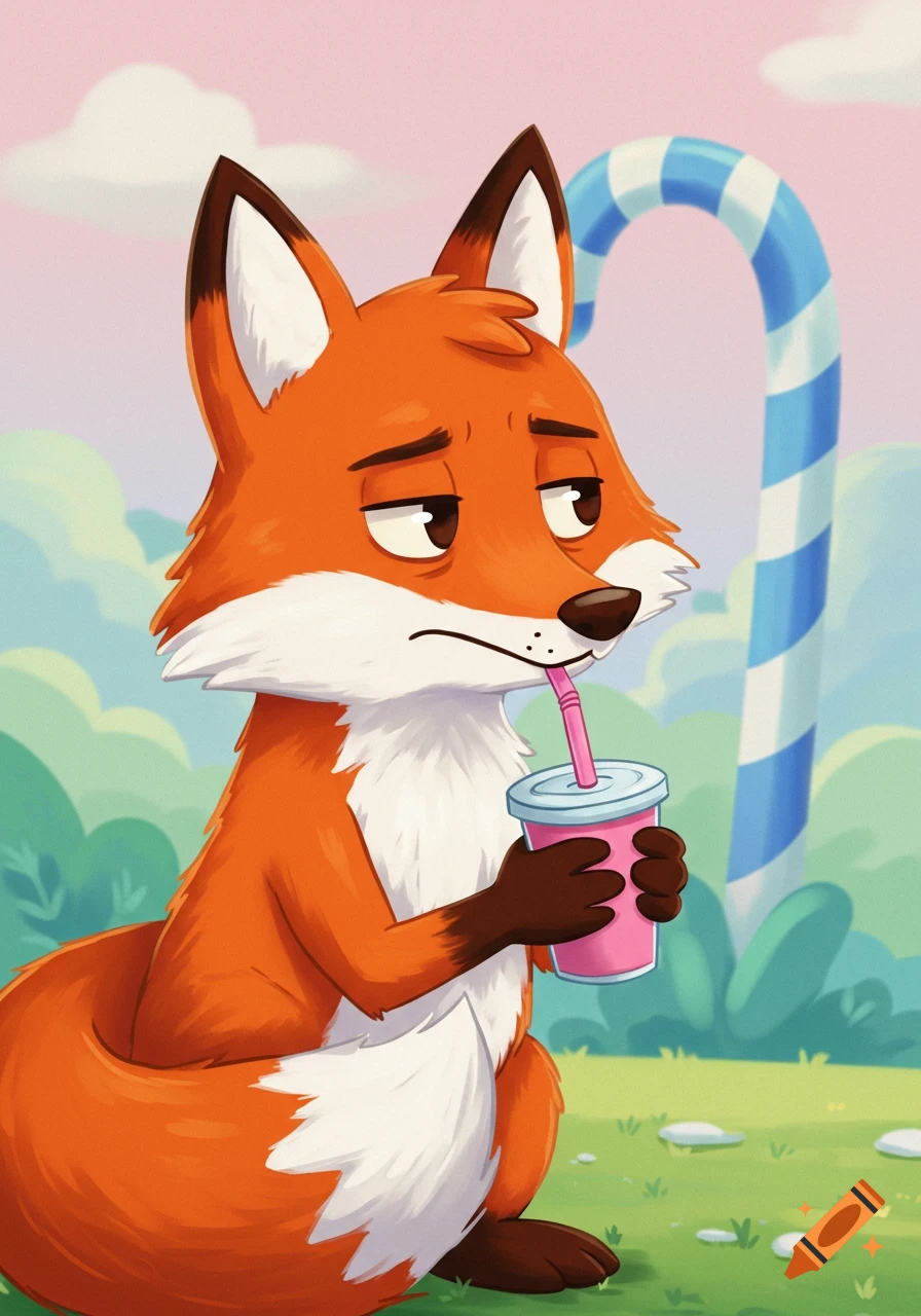 A cartoon fox looks uneasy while drinking from a pink cup with a straw.