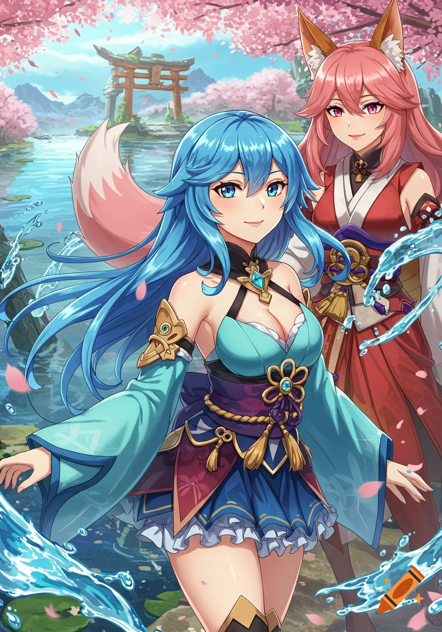 Two anime women, one with blue hair and one with pink hair, standing by a stream with cherry blossoms and a torii gate.