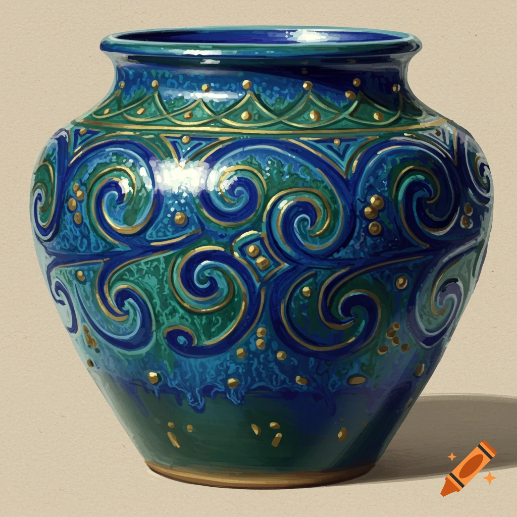Painted blue and green ceramic vase with intricate gold decorations.