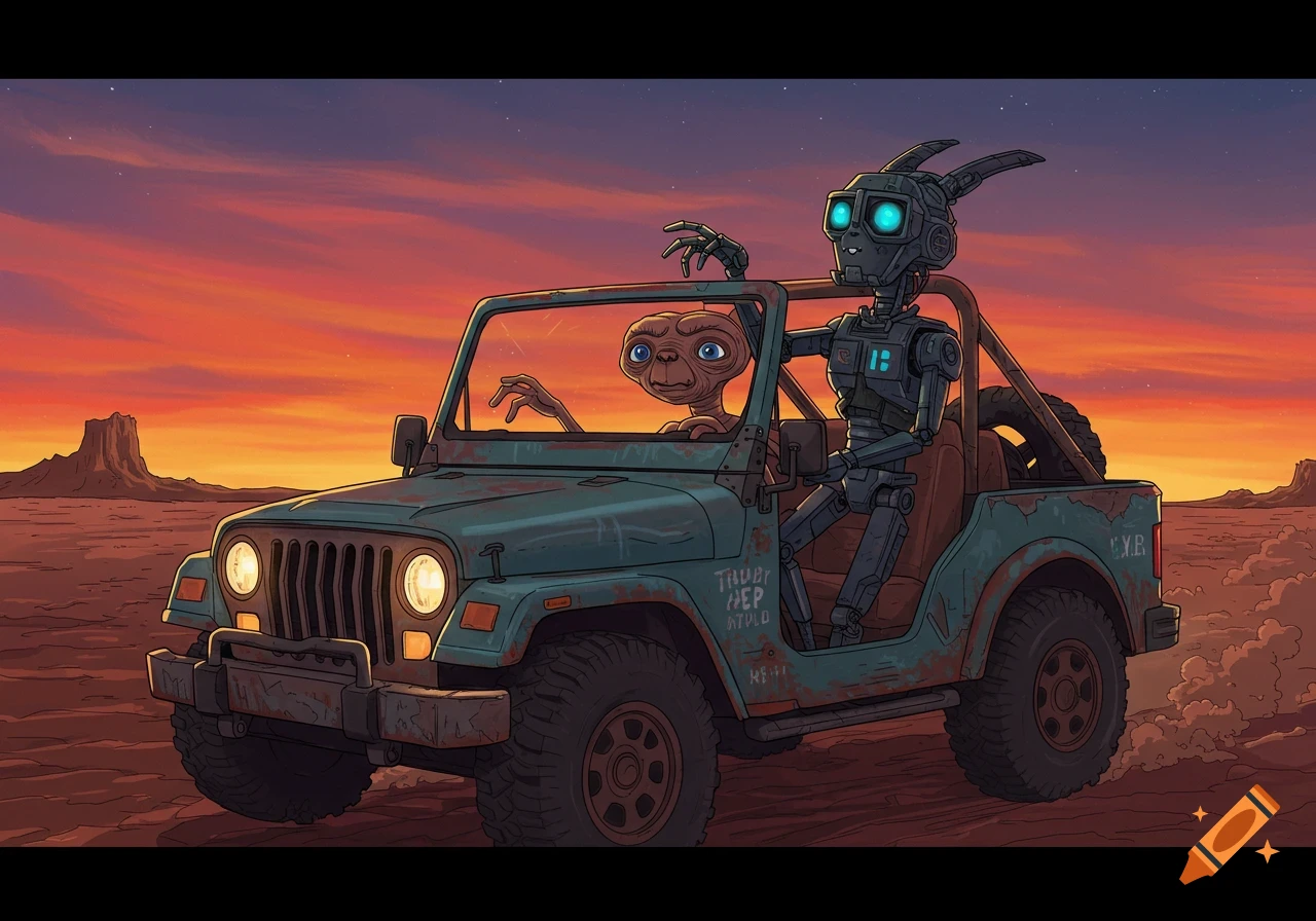 Illustration of ET and a robot driving a rusty Jeep through a desert at sunset.