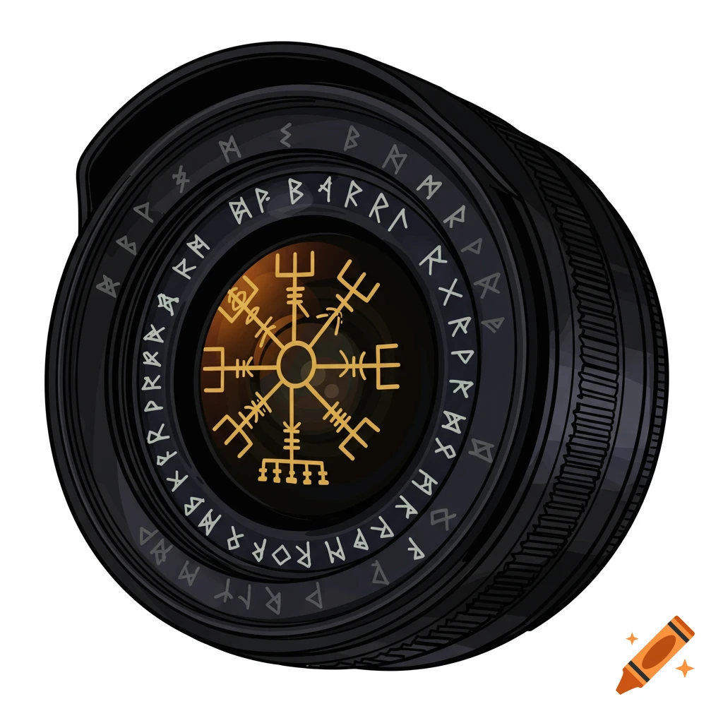 Illustrated camera lens with runes and a gold Vegvisir symbol