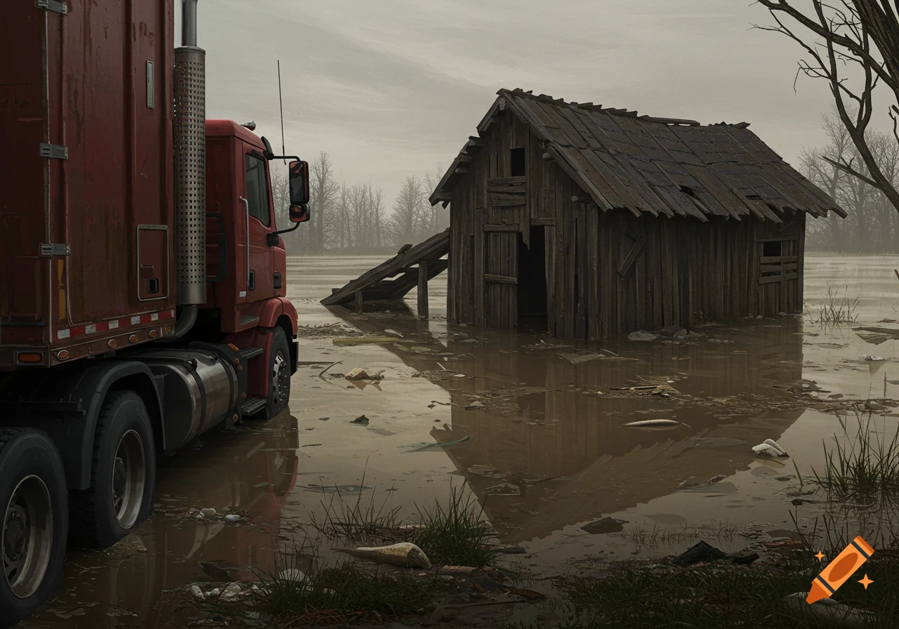 A red semi-truck parked next to a weathered wooden shed partially submerged in muddy floodwater under an overcast sky.