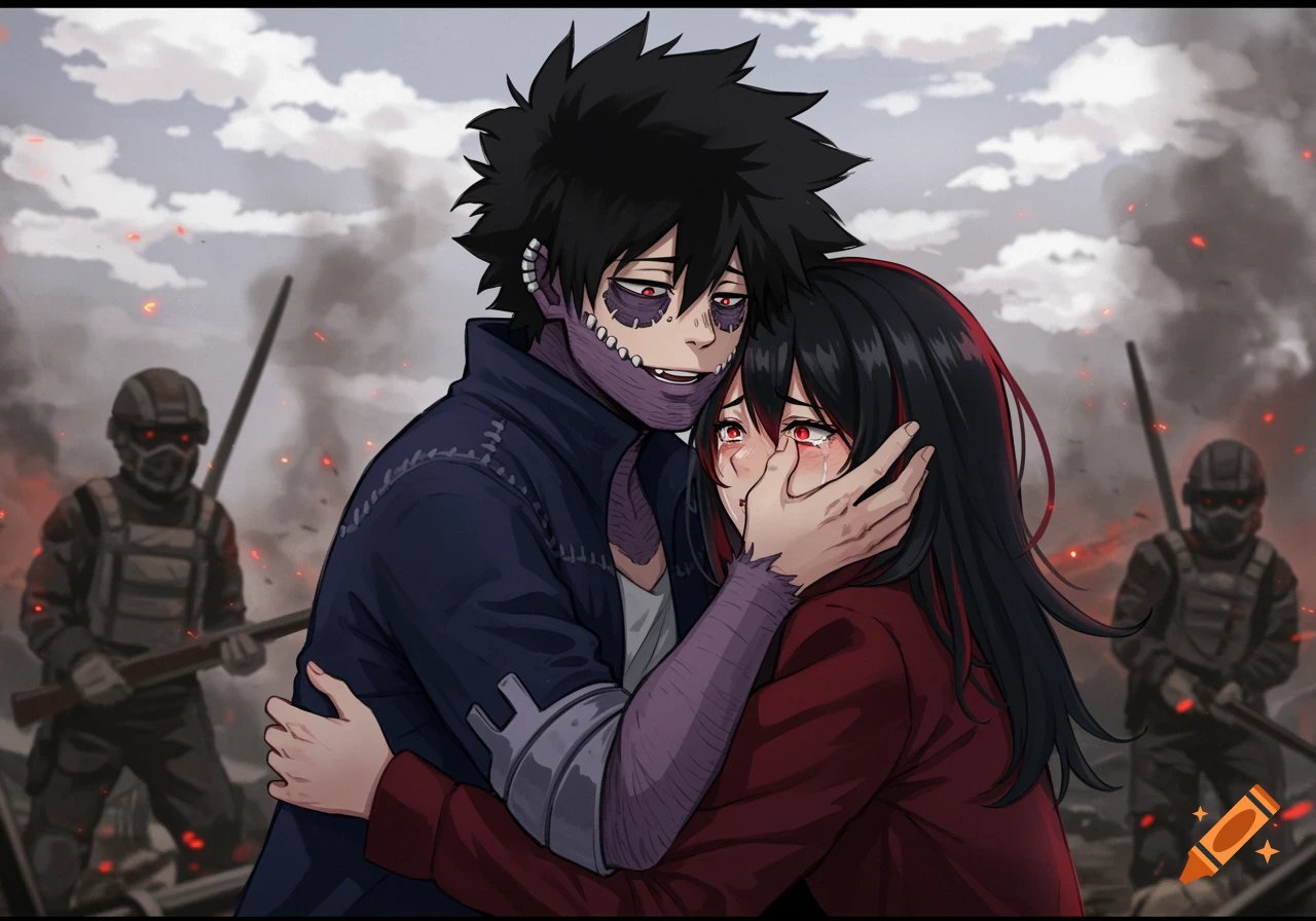 Anime illustration of Dabi hugging a crying girl in a war scene.