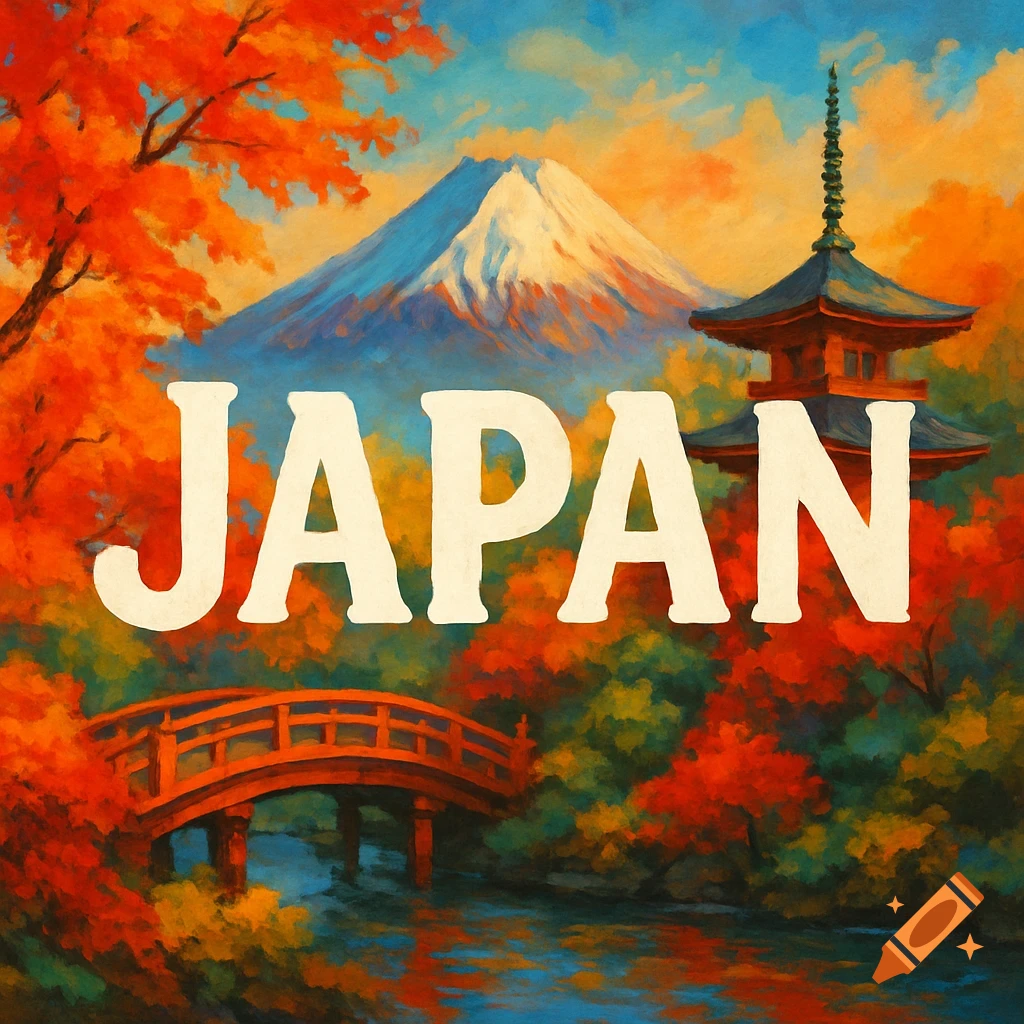 Painting of Mount Fuji, a pagoda, and a bridge during autumn with the word JAPAN