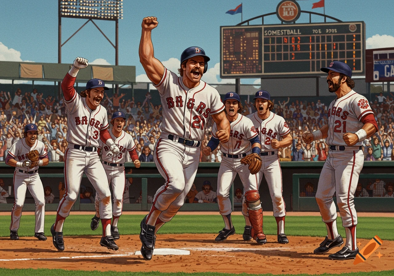 A baseball team from the 1970s celebrates a home run on the field.