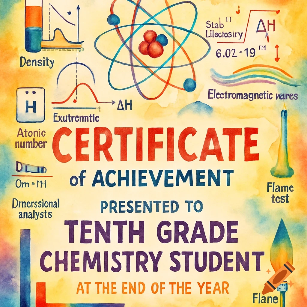 Watercolor certificate with chemistry diagrams and text labels.
