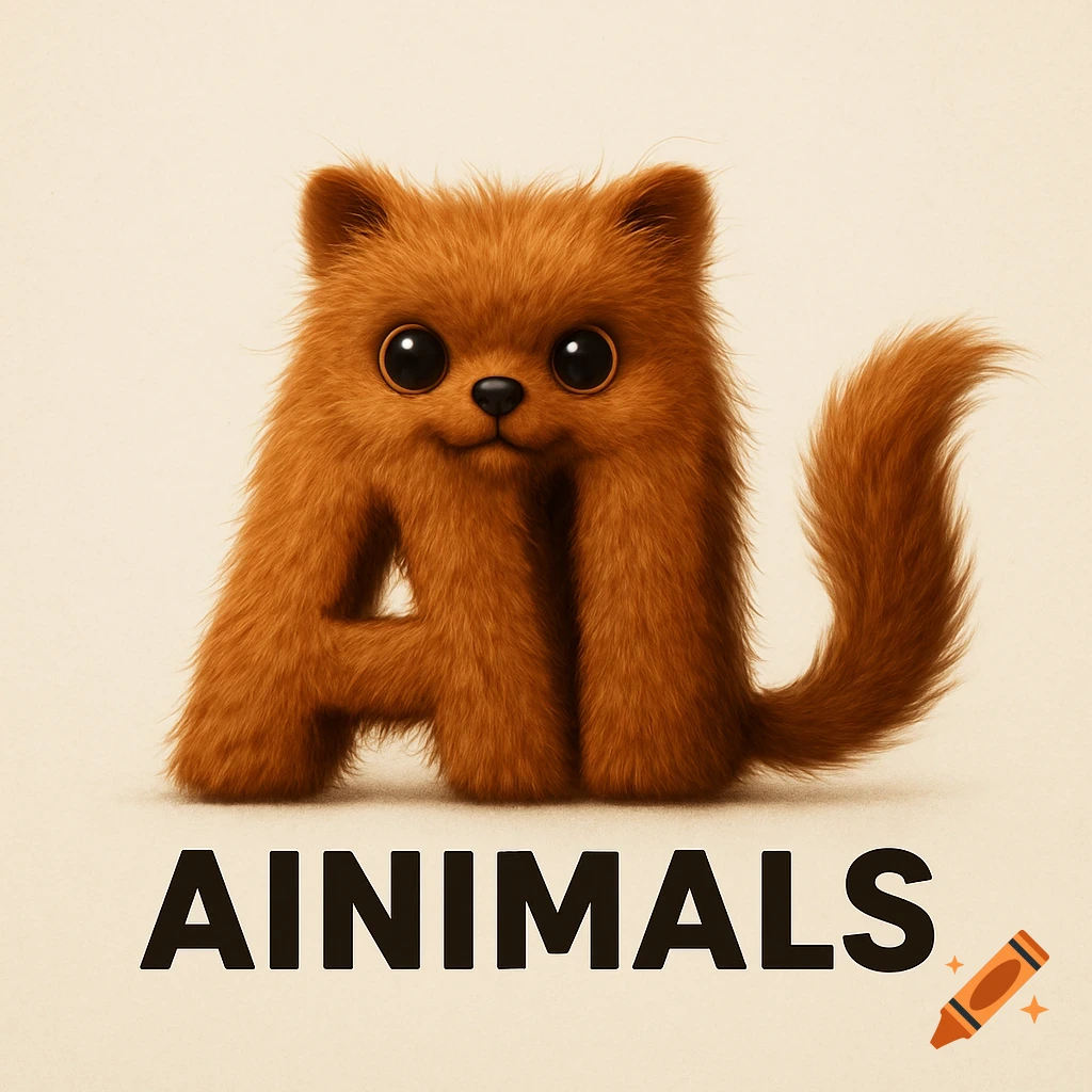 Cute fluffy brown animal shaped like letters AI sits above text AINIMALS, hyperreal style