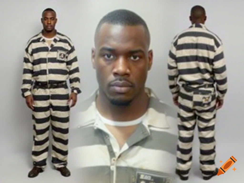 Man in striped prison uniform shown from front, back, and close-up