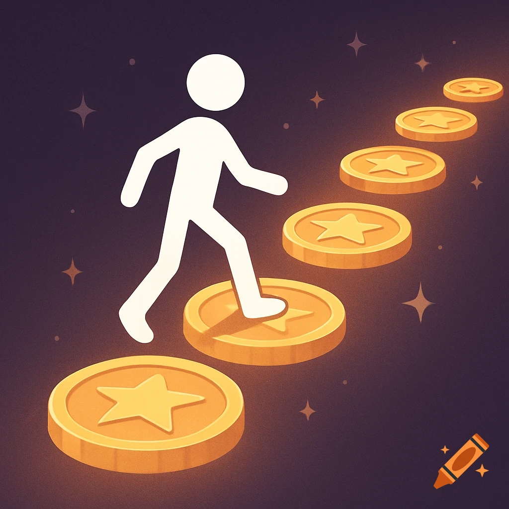 Minimal stick figure walks on glowing golden coins with stars on a dark background. Flat illustration style.