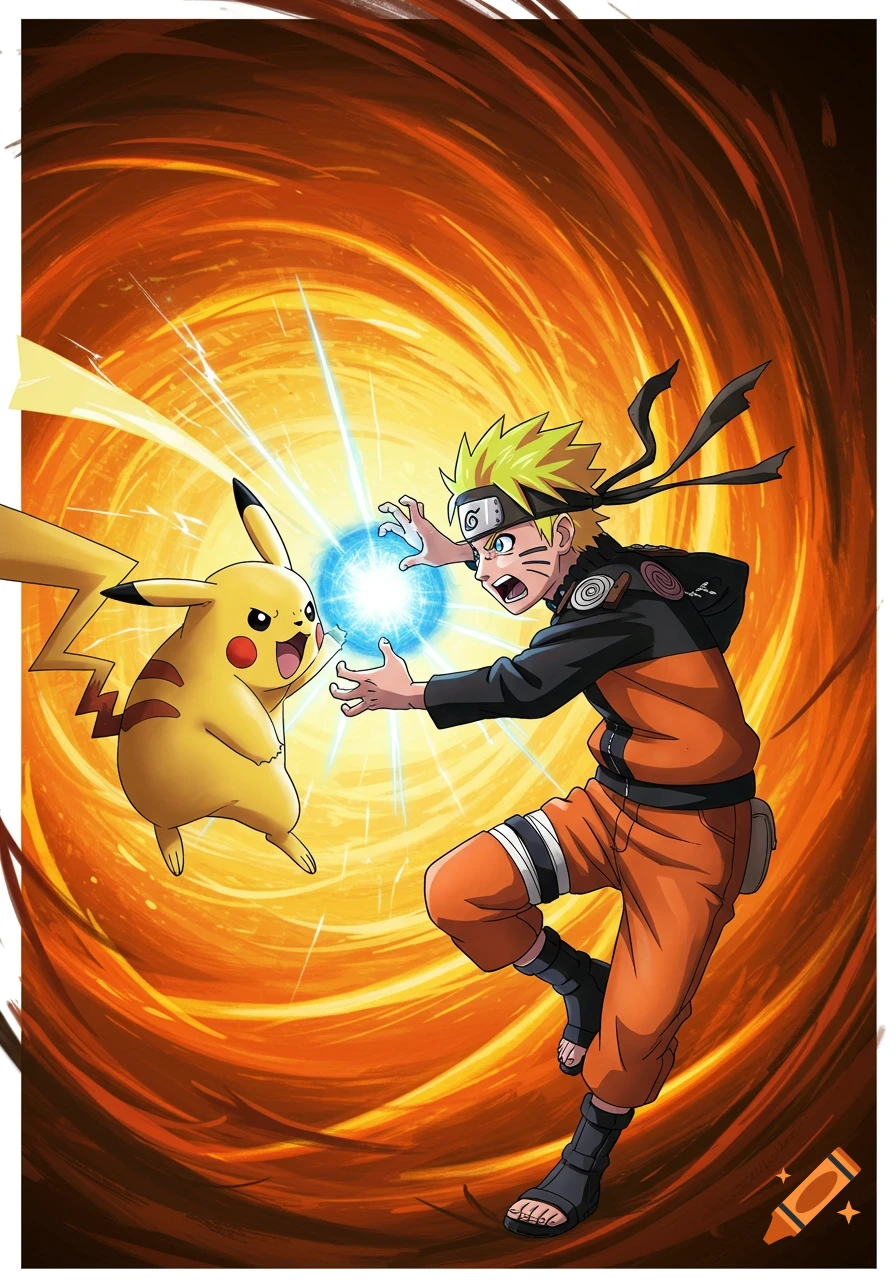 Naruto Uzumaki and Pikachu battling with energy blasts.