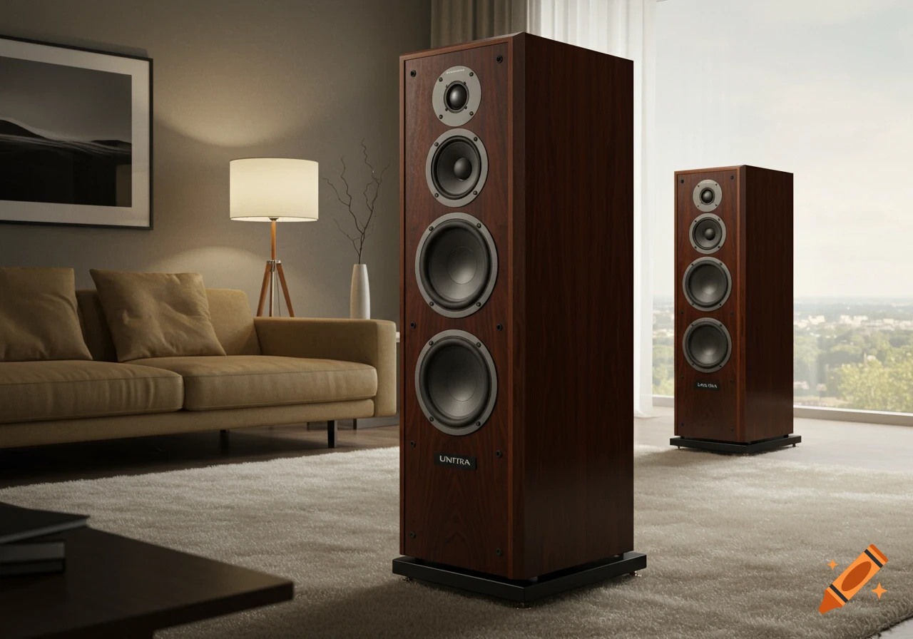 Floor-standing speakers in a modern living room setting.