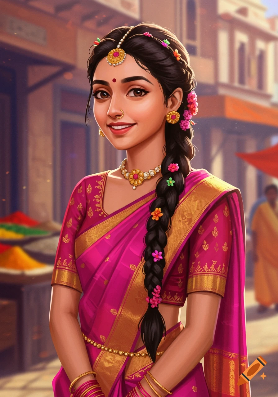 A woman with a braided ponytail adorned with flowers wears a pink and gold sari in a marketplace.