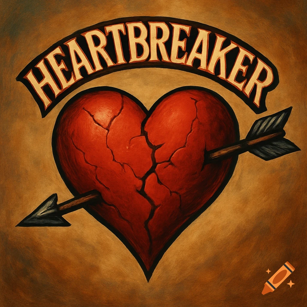 A cracked red heart with an arrow through it and 'Heartbreaker' text above, in a vintage style.