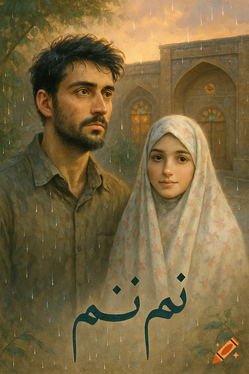 A man and woman in traditional clothing stand in the rain near a historical building. Persian text is at the bottom.