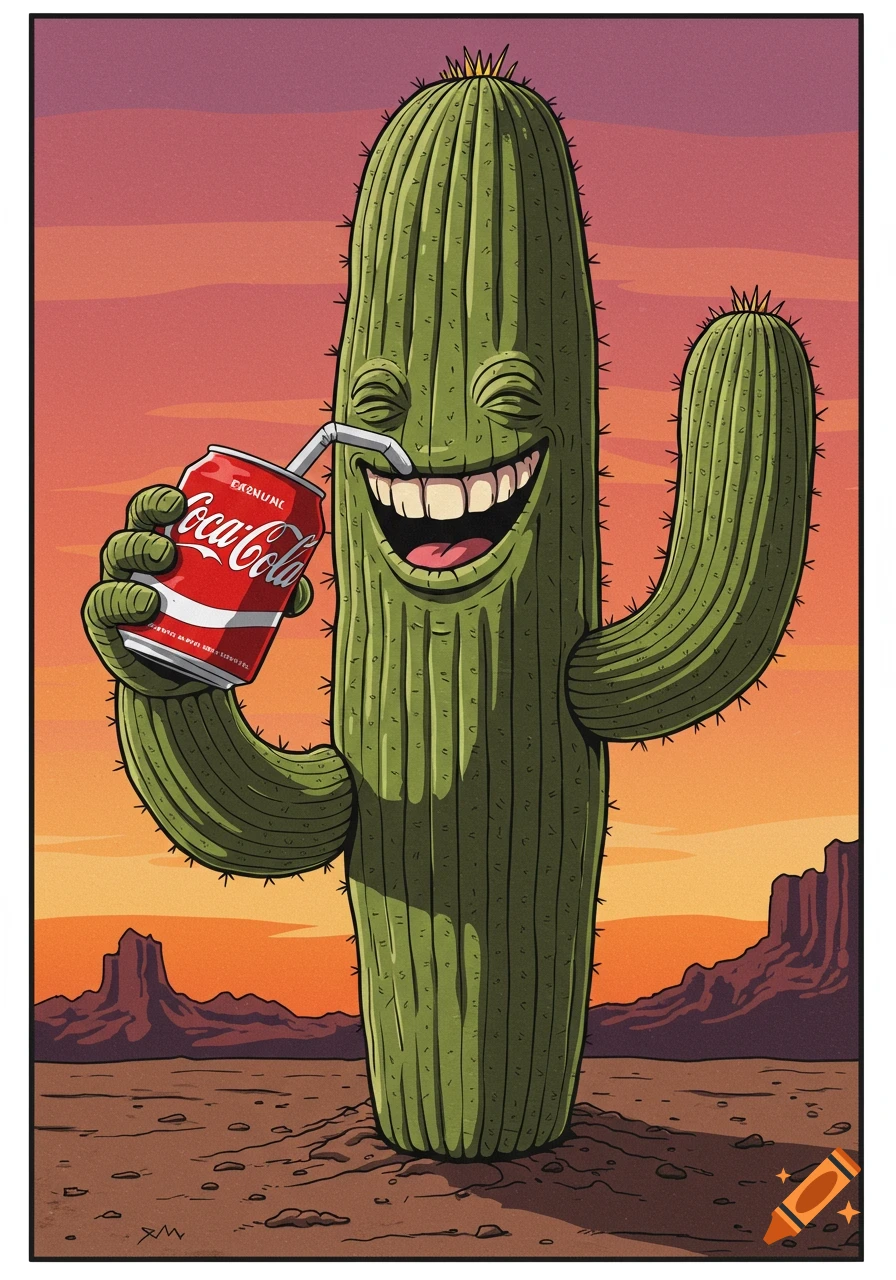 Cartoon cactus character drinking soda from a can in the desert.