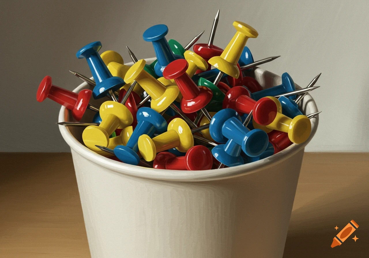 A cup filled with colorful red, blue, and yellow thumbtacks.