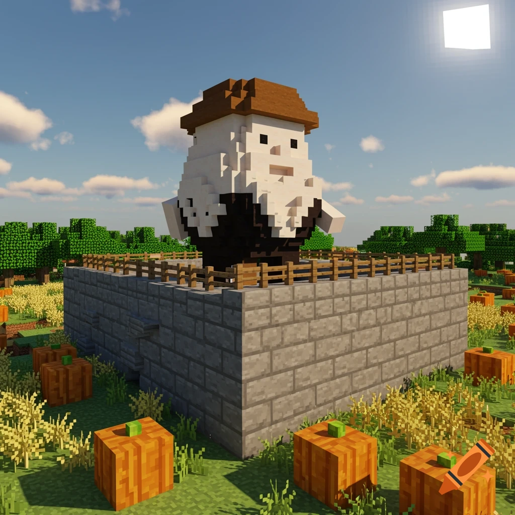 Blocky Humpty Dumpty figure built on a stone wall in a pixelated pumpkin field scene in the style of Minecraft.